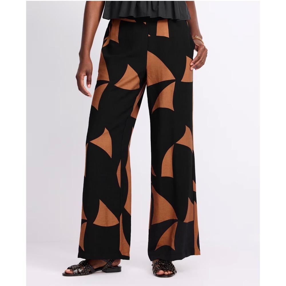 Tribal Pull On Bran Wide Leg Pant Black Cognac Abstract Print Trouser NEW